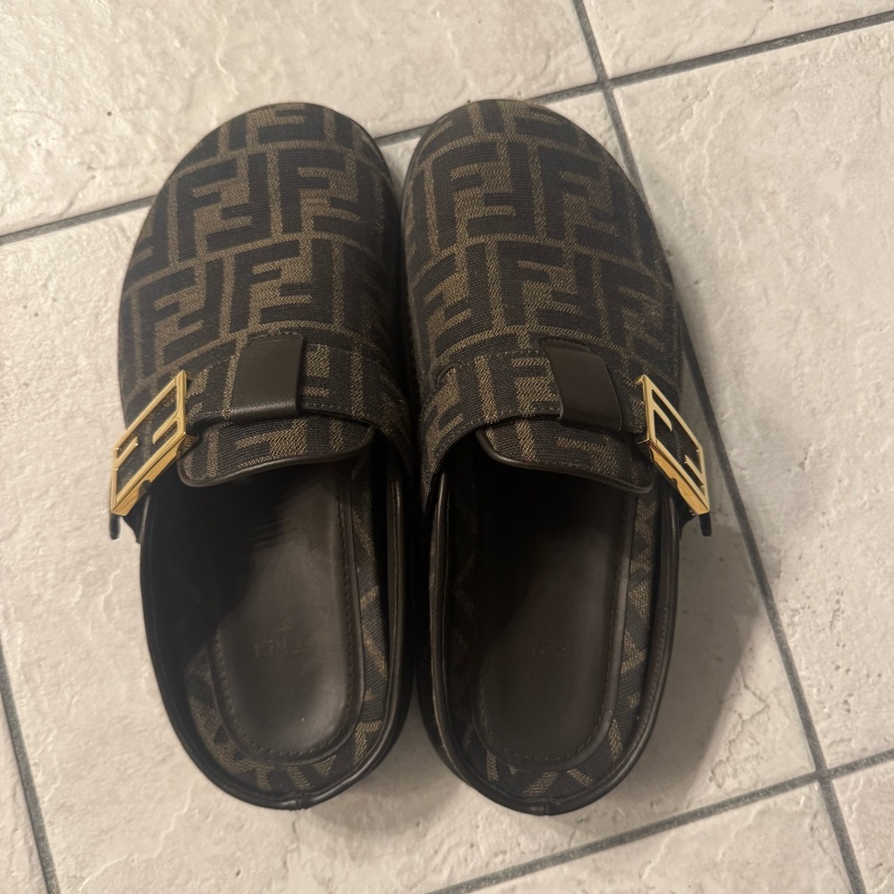 Fendi Zucca Brown Monogram Logo Mule with Gold Buckle